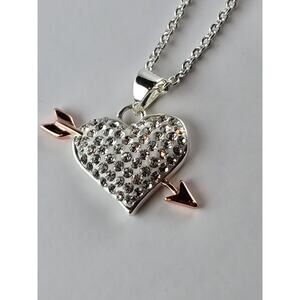 LA CN Pave' Rhinestone Heart N Arrow Silver Tone Pendant Necklace 18 Inch Chain